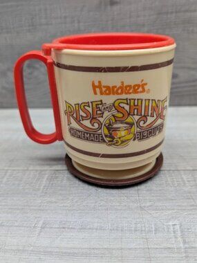 Vintage Hardee's "Rise & Shine" Plastic Coffee Mug Whirley USA Brown Base
